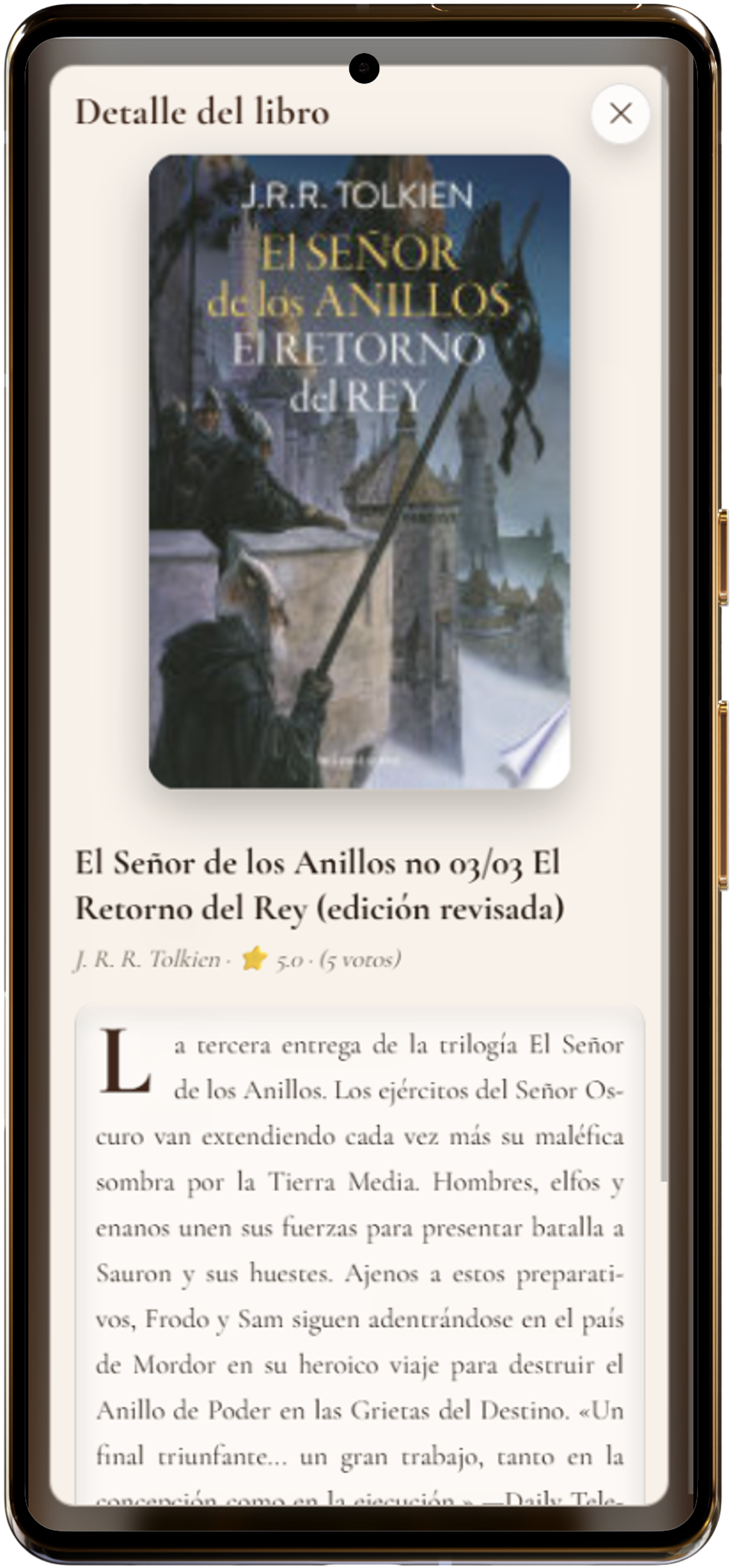 Modal de libro con sinopsis, ratings y CTA