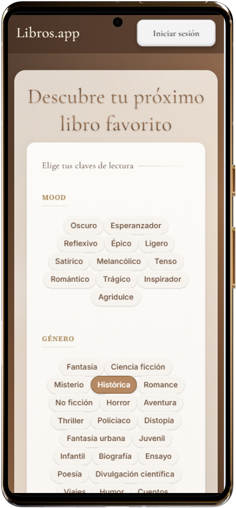 Chips de intención para filtrar por género, mood y longitud